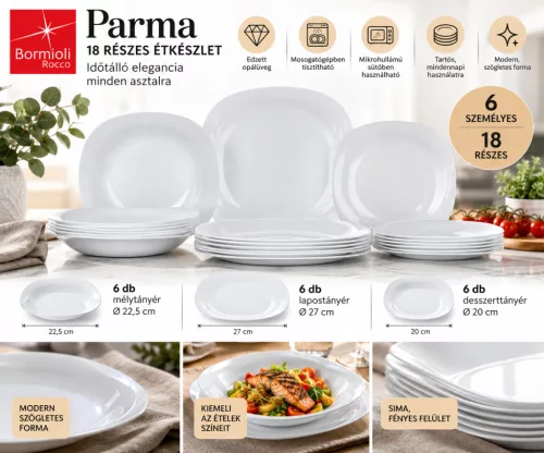 Bormioli Rocco Parma 18 részes étkészlet 6 személyre fehér opálüveg szögletes forma