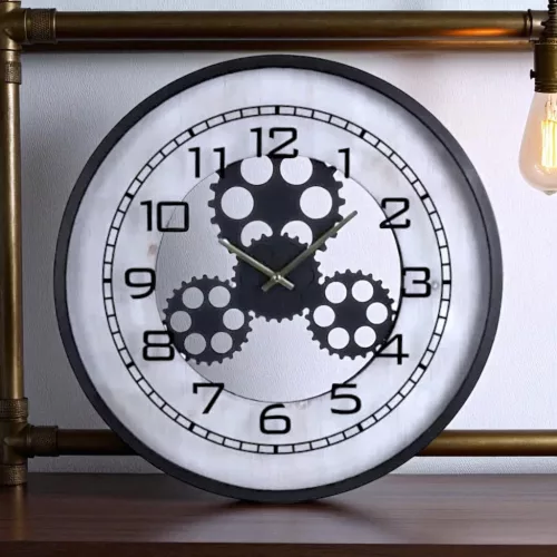 Fogaskerekes falióra 48 cm – steampunk clockwork stílus, fekete fém és fa dizájnnal