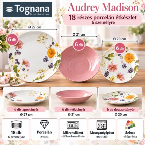 Tognana Audrey Madison 18 részes porcelán étkészlet 6 személyre színes virágmintás