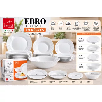  Bormioli Rocco Ebro 19 részes üveg étkészlet 6 személyre tálalótállal fehér