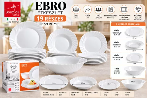 Bormioli Rocco Ebro 19 részes üveg étkészlet 6 személyre tálalótállal fehér