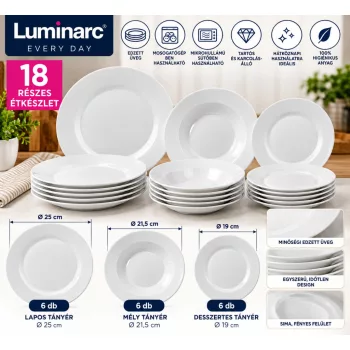   Luminarc Every Day 18 részes fehér üveg étkészlet 6 személyes tányérkészlet