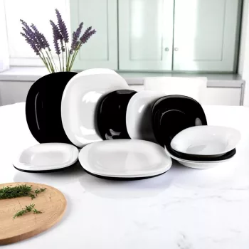   Luminarc Carine Black & White 19 részes étkészlet 6 személyre fekete-fehér üveg