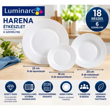   Luminarc White Harena 18 részes étkészlet 6 személyre fehér üveg leveses tálkával