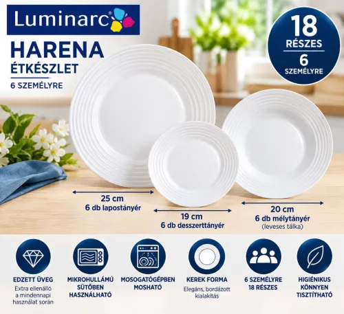 Luminarc White Harena 18 részes étkészlet 6 személyre fehér üveg leveses tálkával