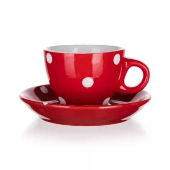 Kerámia csésze alátéttel DOTS 100 ml, piros, pöttyös