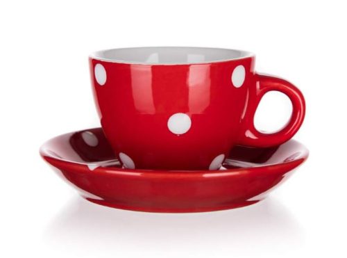 Kerámia csésze alátéttel DOTS 100 ml, piros, pöttyös