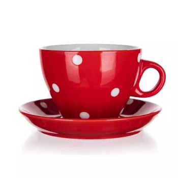 Kerámia csésze alátéttel DOTS 290 ml, piros, pöttyös