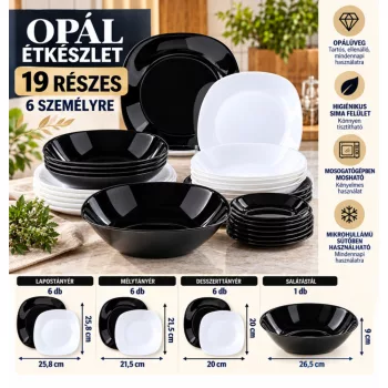   19 részes szögletes opálüveg étkészlet 6 személyre fekete-fehér