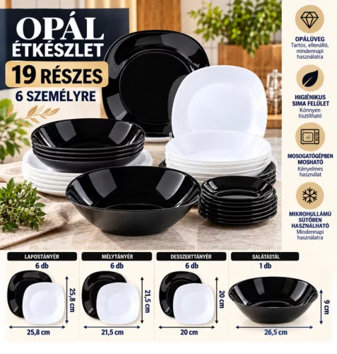 19 részes szögletes opálüveg étkészlet 6 személyre fekete-fehér