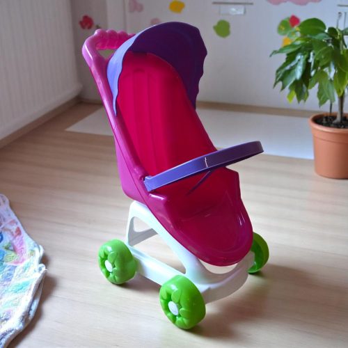 Játék babakocsi sport fehér váz zöld kerékkel lila kerettel (V)