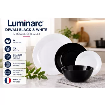   Luminarc Diwali Black & White 19 részes étkészlet 6 személyre fekete-fehér opálüveg