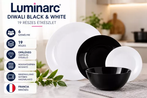 Luminarc Diwali Black & White 19 részes étkészlet 6 személyre fekete-fehér opálüveg