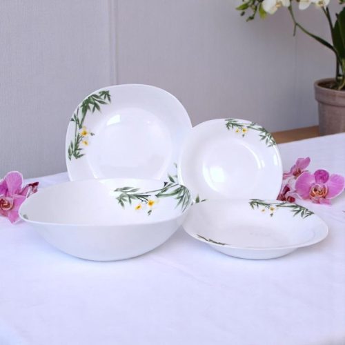 19 részes szögletes opál étkészlet (fehér orchidea mintával)