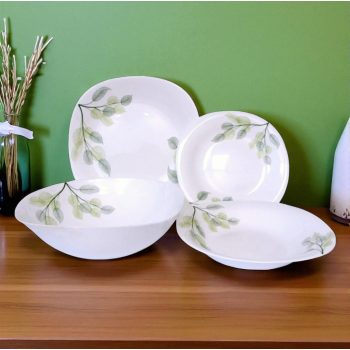   19 részes szögletes opál étkészlet (zöld leveles mintával)