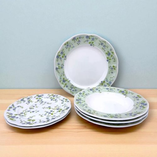 18 részes LA BELLE porcelán étkészlet (zöld-kék virágmintával)