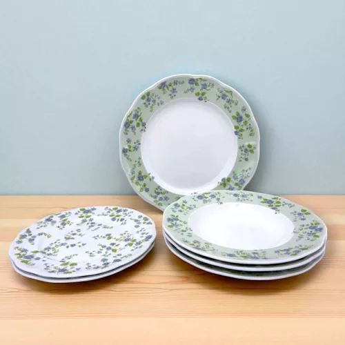 LA BELLE 18 részes porcelán étkészlet 6 személyre zöld-kék virágmintás
