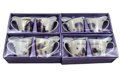 porcelán csésze páros, kanállal levendula mintával (320 ml-es)