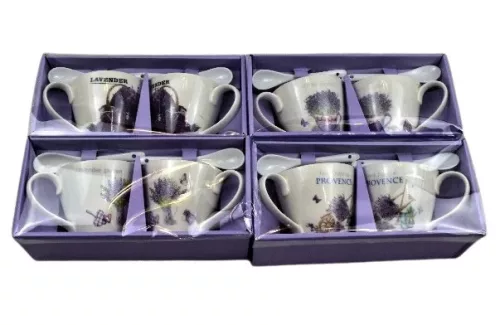 porcelán csésze páros, kanállal levendula mintával (320 ml-es)