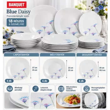   Banquet Blue Daisy 18 részes porcelán étkészlet 6 személyre kék-lila virágmintás