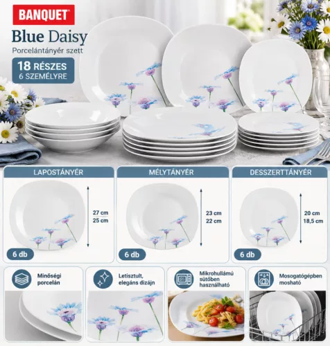 Banquet Blue Daisy 18 részes porcelán étkészlet 6 személyre kék-lila virágmintás