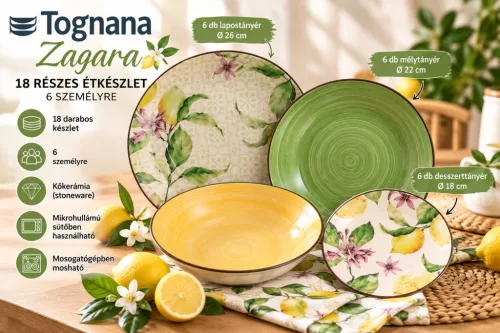 Tognana Vela Zagara 18 részes kőkerámia étkészlet 6 személyre citrom- és virágmintás