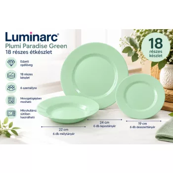   Luminarc Plumi Paradise Green 18 részes étkészlet 6 személyre mentazöld edzett opálüveg