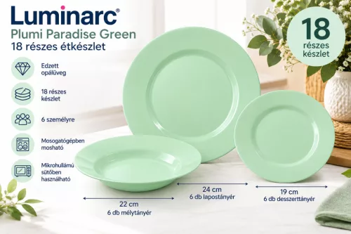 Luminarc Plumi Paradise Green 18 részes étkészlet 6 személyre mentazöld edzett opálüveg