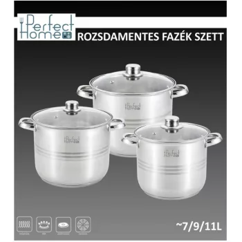   Indukciós, rozsdamentes fazék szett üvegfedővel  7-9-11 literes