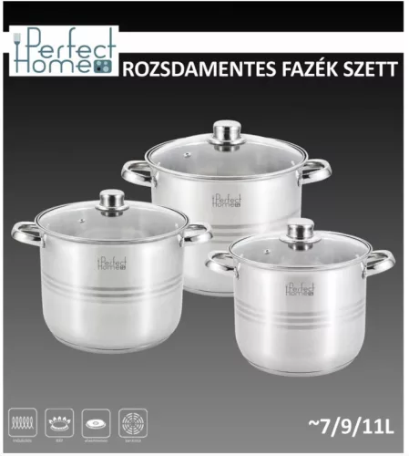Indukciós, rozsdamentes fazék szett üvegfedővel  7-9-11 literes