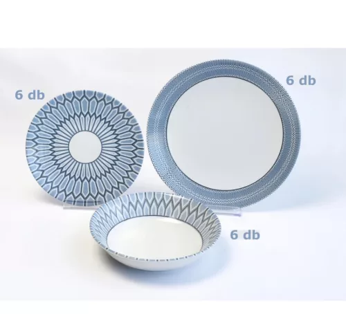 18 részes tányérkészlet (6 lapos,6 mély,6 desszert) kék-fehér színben