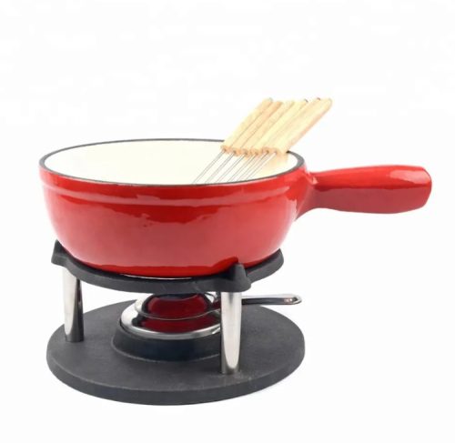 Piros zománcozott öntöttvas Fondue szett, 1,8L (edény+állvány+6 villa+égő)