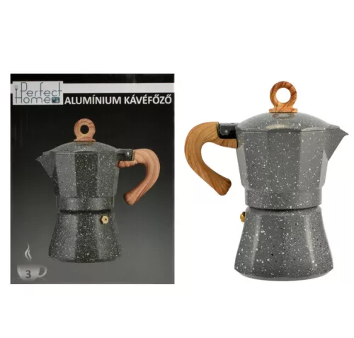 3 személyes Alumínium kávéfőző fa hatású nyéllel, szürke színben