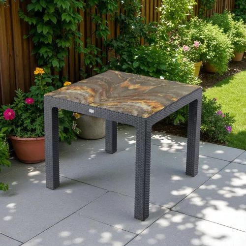 Rattan kerti asztal színes üveggel 90x90 cm - antracit színben