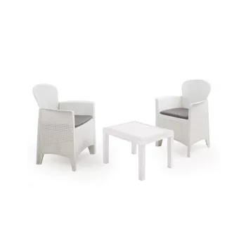   AKITA Balkon kerti garnitúra szett fehér rattan hatású asztal 59x46x40 cm 2 db fotel 59x57x85,5 cm