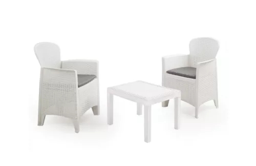 AKITA Balkon kerti garnitúra szett fehér rattan hatású asztal 59x46x40 cm 2 db fotel 59x57x85,5 cm