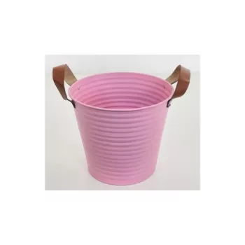 Kaspó bádog pink színű bőr füllel 16x18 cm
