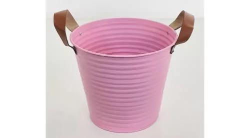 Kaspó bádog pink színű bőr füllel 16x18 cm