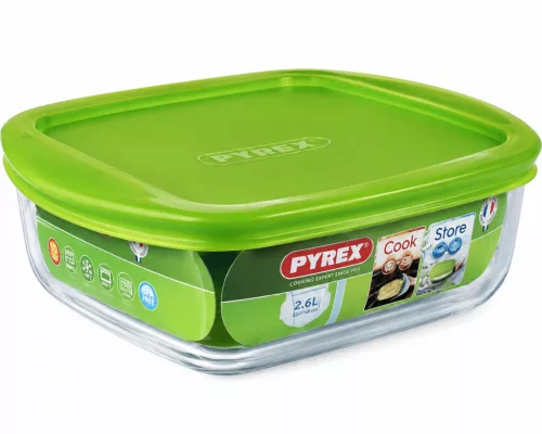 PYREX COOK&STORE Szögletes sütőtál műanyag fedővel 1 L 20x17 cm áttetsző-zöld