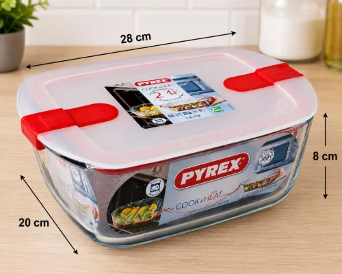 PYREX COOK&HEAT Téglatest sütőtál műanyag tetővel 2,5 L  28x20x8 cm áttetsző