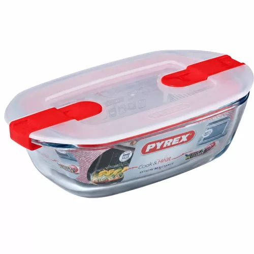 PYREX COOK&HEAT Szögletes sütőtál műanyag tetővel 0,4 L 17x10x5 cm
