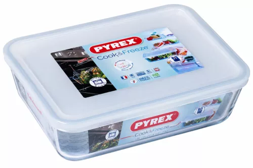PYREX COOK&FREEZE téglatest sütőtál műanyag tetővel 1,5 L 22x17x6 cm