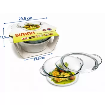   SIMAX Hőálló sütőtál mély kerek tál 3,3 L tetővel 29,5x23,5x12,5cm áttetsző
