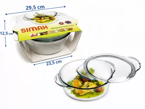 SIMAX Hőálló sütőtál mély kerek tál 3,3 L tetővel 29,5x23,5x12,5cm áttetsző