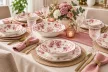 Churchill Toile Pink 19 részes kerámia étkészlet 6 személyre szögletes rózsaszín virágmintás