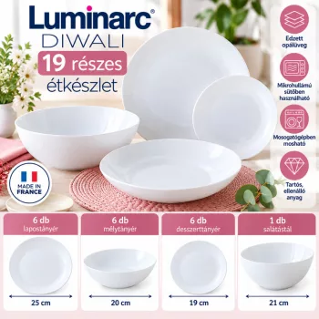   Luminarc ARC Diwali White 19 részes étkészlet 6 személyre fehér edzett opálüveg