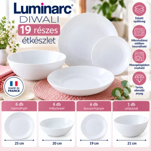 Luminarc ARC Diwali White 19 részes étkészlet 6 személyre fehér edzett opálüveg