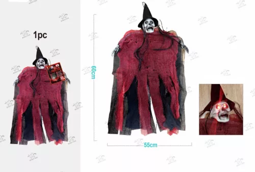 HALLOWEEN DEKORÁCIÓ KOPONYAFEJŰ BOSZORKÁNYKALAPOS 55X60CM