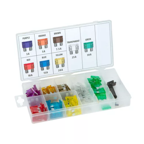 Biztosíték készlet + kiszedő, tárolódobozban - 97 db - 3-30A