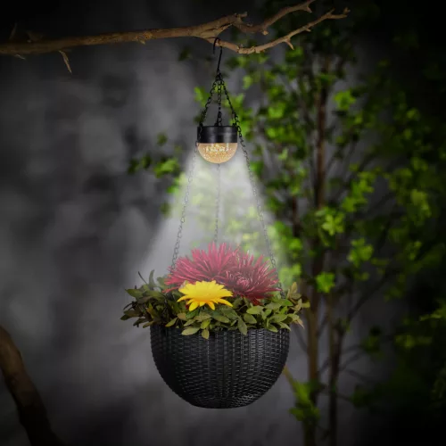 Felakasztható LED szolár - virág kaspó - fekete - műanyag - 26 x 16 cm